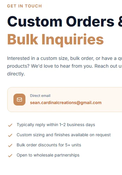 Cardinal Creations mobile direct furniture commission inquiry flow