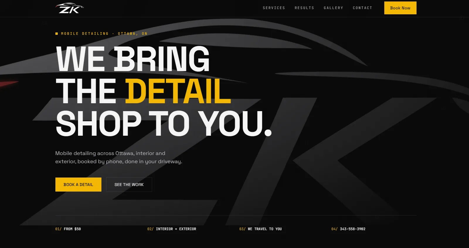 ZK Auto Detailing custom website interface with ceramic coating packages and instant quote selector