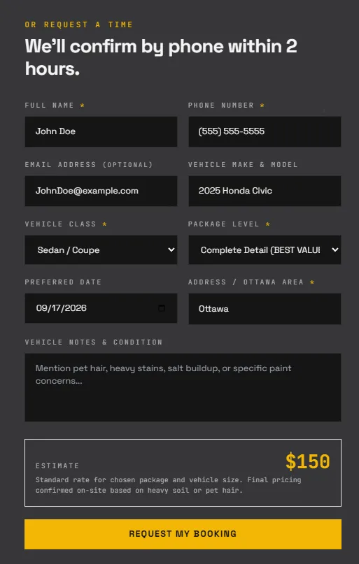 ZK Auto Detailing mobile interactive vehicle quote selector and package pricing